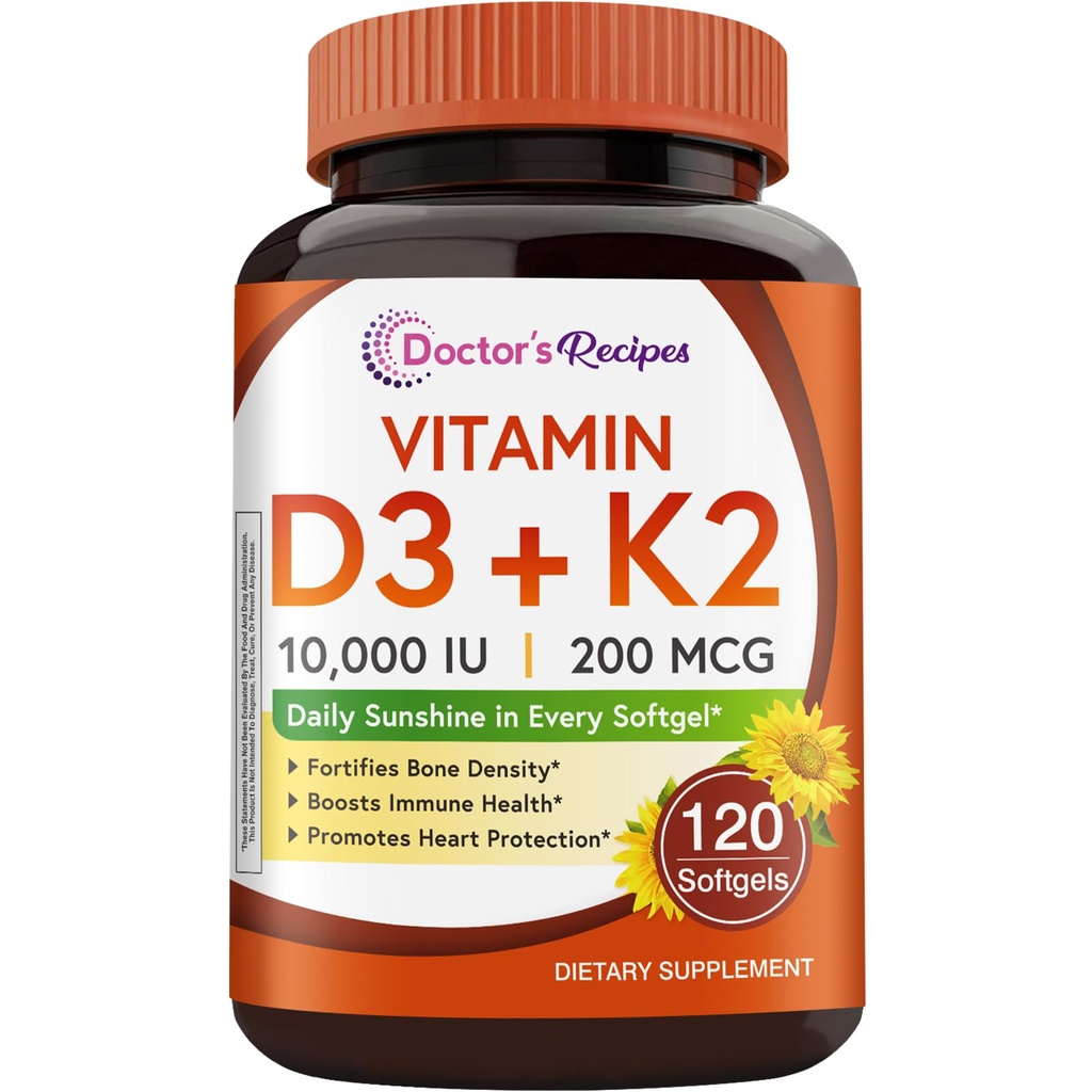 Lékařské recepty Vitamin D3 K2, 10 000 IU, 200 mcg, MK-7, Silná hustota kostí, zuby, imunitní, Podpora srdce, Energie, Absorpce vápníku, No Soy & Gluten, Non- GMO, 120 Softgels