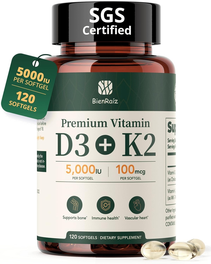 Vitamin D3 K2 5000IU 100mcg MK-7, 120 Softgels, 2-in-1 K2 D3 doplněk vitamínu pro zdraví kostí, imunitní podpora, lepší absorpce vápníku, snadné spolknout, Jeden denně, 120 denní zásobování