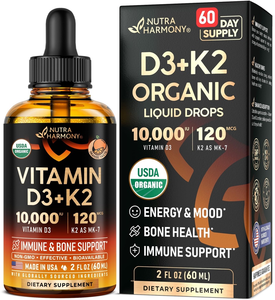 Vitamin D3 K2 USDA Organic Drops - Vitamin D3 10000 IU & K2 jako MK-7 120mcg - Imunitní a náladová podpora, zdraví kostí a zubů - Sugar- Free Orange Flavor - Tekutý dodatek - Made in USA - 2 FL OZ, 60 dní