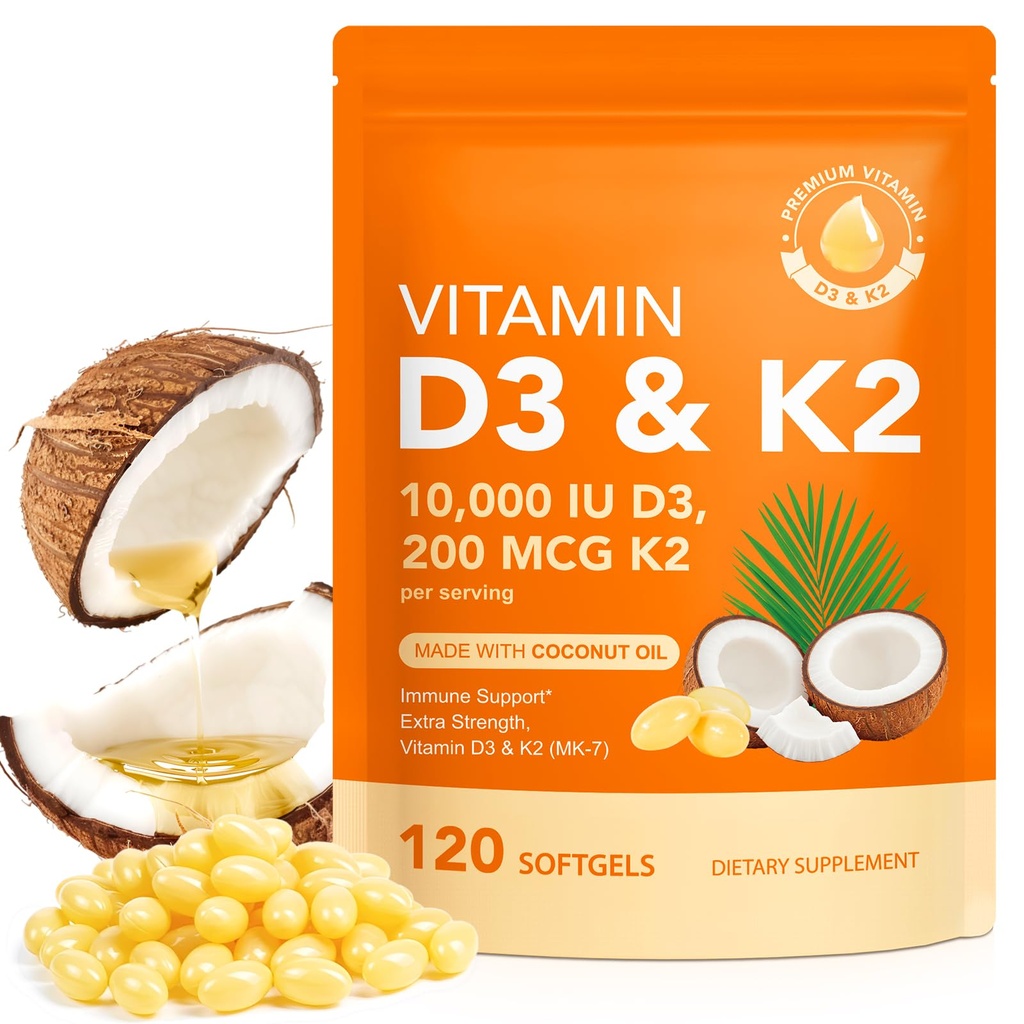 Vitamin D3 K2 s kokosovým olejem - Vegan Vitamin D3 & Mk7 Vitamin K2pro podporu kostí a imunity - Non- GMO, Soy Free - 120 Softgels