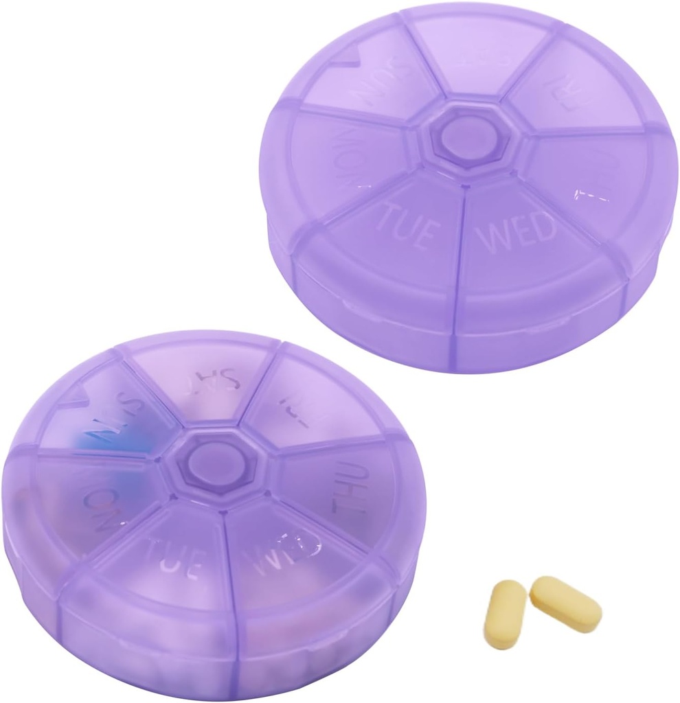 Přenosný týden Pill Organizátor 7 den Pills Kontejner, kulatý Pill Pouzdro Cestování Friendly, Denní týden Pouzdro na připomínku Pill, BPA-zdarma Vitamin, Dodatek, Rybí olej, Planner léků (Purple)