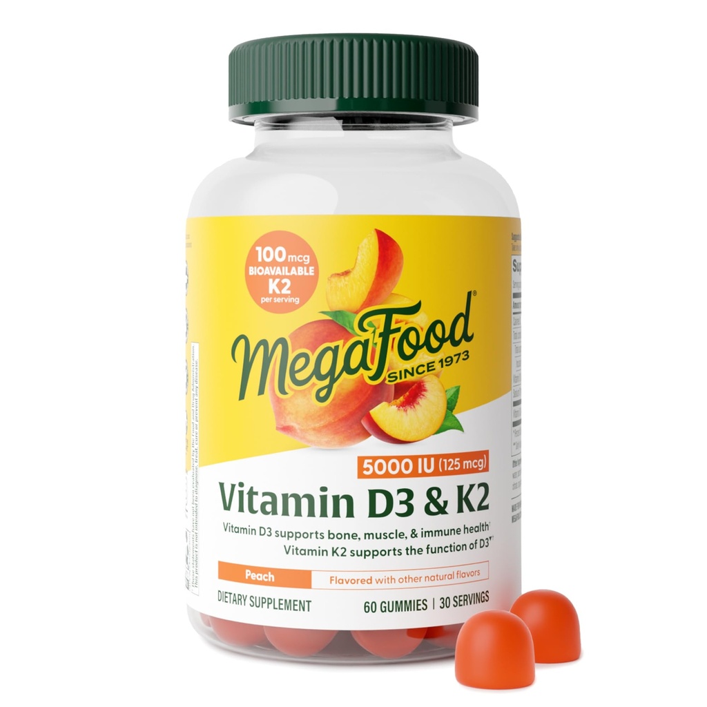 MegaFood Vitamin D3 K2 Gummies - Vitamin D 5000 IU pro kostní a imunitní zdraví plus podpora pro optimální absorpci vápníku - Peach Flavor, Pectin based - 60 vegetariánské D3 a K2 doplňky, 30 Služeb
