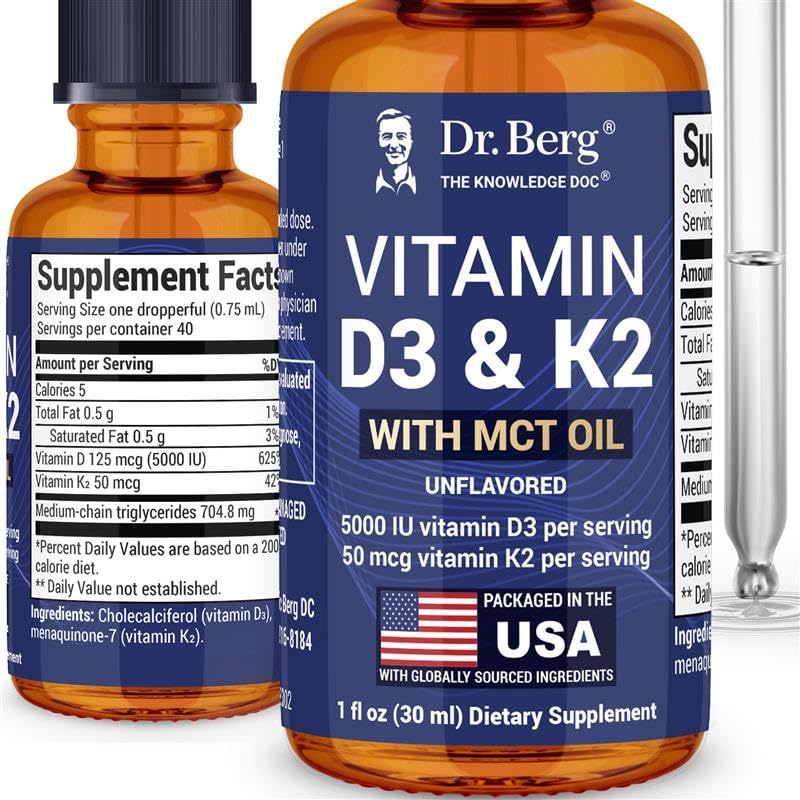 Dr. Berg Maximální síla vitaminu D3 K2 kapalné kapky s MCT olejem - 5000 IU tekutého vitaminu D3 s K2 - podporuje silné kosti, srdce, energii, imunitu a celkovou vitalitu * - Neochucené 1 Fl Oz