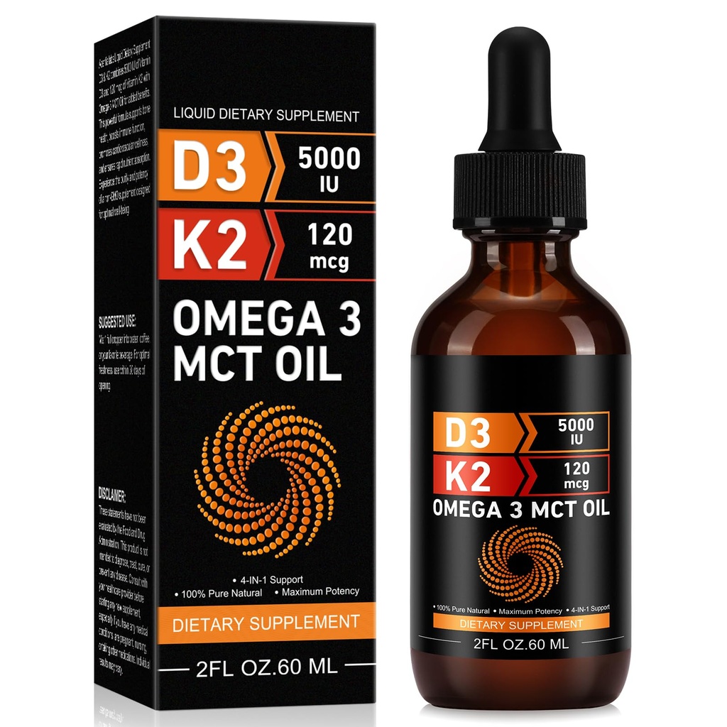 Daiasns Vitamin D3 5000 IU & K2 (MK- 7) 120 mcg 60 ml Kapky s MCT olej Omega 3, tekutý vitamin D3 & K2 doplňky - 2 měsíce Dodávka - Podporuje kosti, zuby, mood & imunitní systém, absorpce vápníku