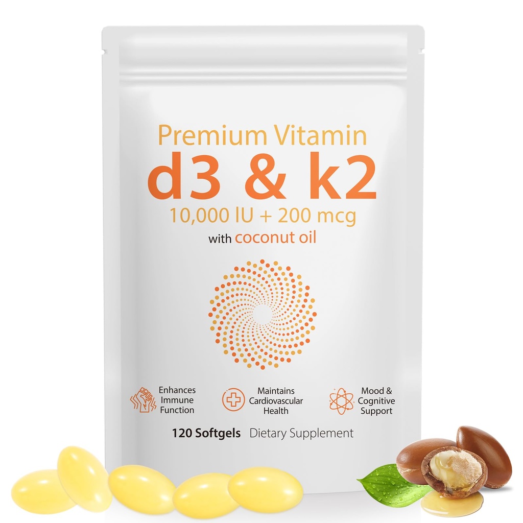 Daiasns vitamin D3 K2 10000iu podporuje svalovou a mozkovou zdraví -high- potency D3 K2 dodatek pomáhá v imunitní a kardiovaskulární podporu - 120 Softgels