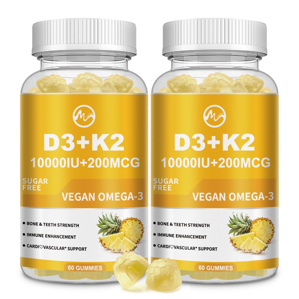 M inch Vitamin D3 K2 Gummies, Vitamin D3 10000IU, K2 (MK-7) 200mcg, 6-in-1 Vitamina D3 con K2 Dodatek s Omega-3 pro ženy a muže - Kosti, zuby a imunitní podpora, cukr zdarma, 2 Pack