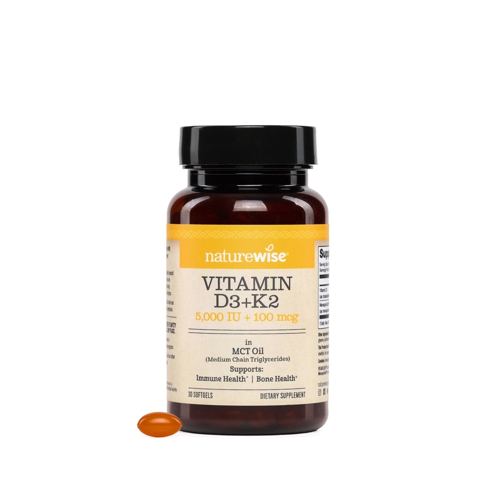 NatureWise Vegan Vitamin D3 + K2 s organickým kokosem MCT Oil - Natural D3 5000IU + Natural K2 100mcg - High Absorption Bone Support - Soy & Gluten Free - USA vyráběné - 30 Softgels [30- Day Supply]