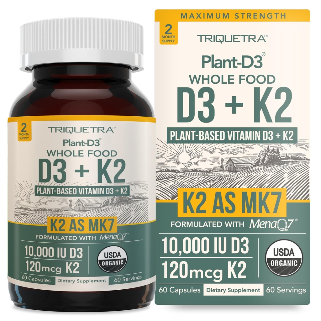 Organic Plant D3 + K2 PHARMAN124; 10000 IU D3 + 120 MCg K2 as All- Trans MK7 from MenaQ7 ® - 100% all food, Raw & Vegan PHARMAN124; Enhanced Digestion with Prebiotic & Superfood Complex - D3 from Organic Algae (60 Count)