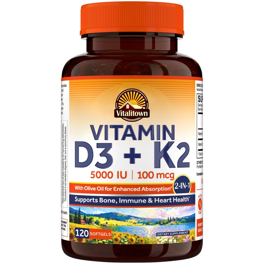 Vitalitown Vitamin D3 K2 dodatek, D3 5000 IU, Vitamin K2 MK-7 100 mcg, Non- GMO, No Gluten & Soy, pro kosti, zuby, imunitní a srdeční zdraví, 120 Softgels