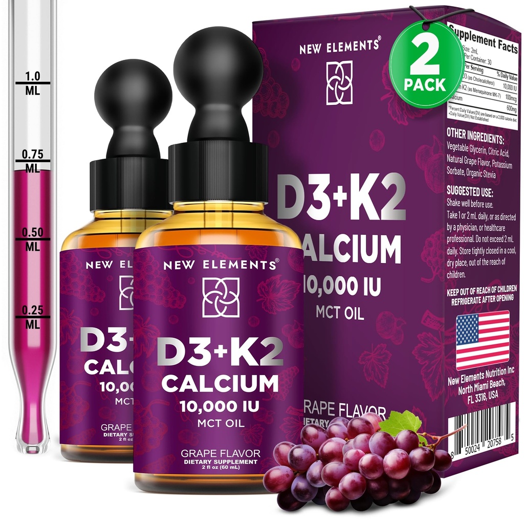 Nové prvky [2 g / dl] tekutý vitamin D3 K2 Kapky s vápníkem pro dospělé 124; Vitamin D3 10000 IU 124; D3 K2 s vápníkem pro kostní zdraví a podporu imunity 124; společný doplněk zdraví 124; Non- GMO 124; Vegan
