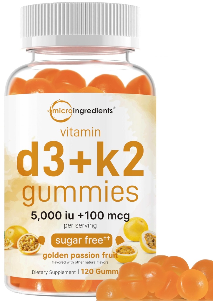Mikro přísady Vitamin D3 K2 Gummie, 120 Počet 124; 5 000 IU Vitamin D + 100 mcg K2 MK-7 MK- 124; Kostní, imunitní a srdeční zdravotní doplňky * CYP 124; Sugar Free Golden Passion Fruit Flavor 124; Non- GMO, gluten Free