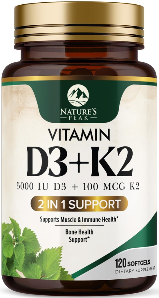 D3 K2 Vitamin - Vitamin D3 5000 IU per Softgel - High potency Vitamin D3 Dodatek - 2-in-1 Komplexní vitamin D & Vitamin K2 (MK7) - Snadná polykací, Kostní a imunitní podpora - Lahvička USA - 120 Softgels