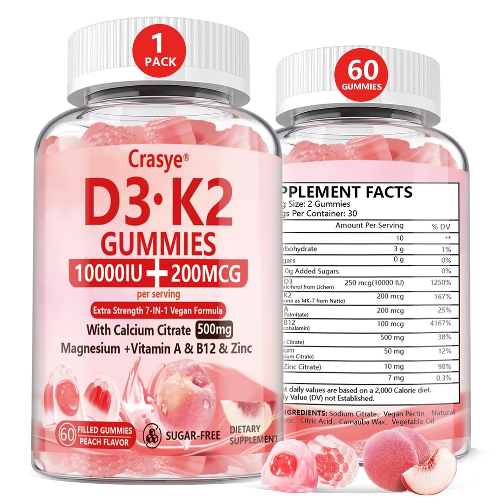 Vitamin D3 K2 Gummies 10000 IU s 500 mg vápníku Magnesium zink Gumový cukr zdarma ADK + vitamín B12 doplňky pro ženy a muže kosti, svaly, broskvové ochucení zubů - 60 Gummies - 30 Služení