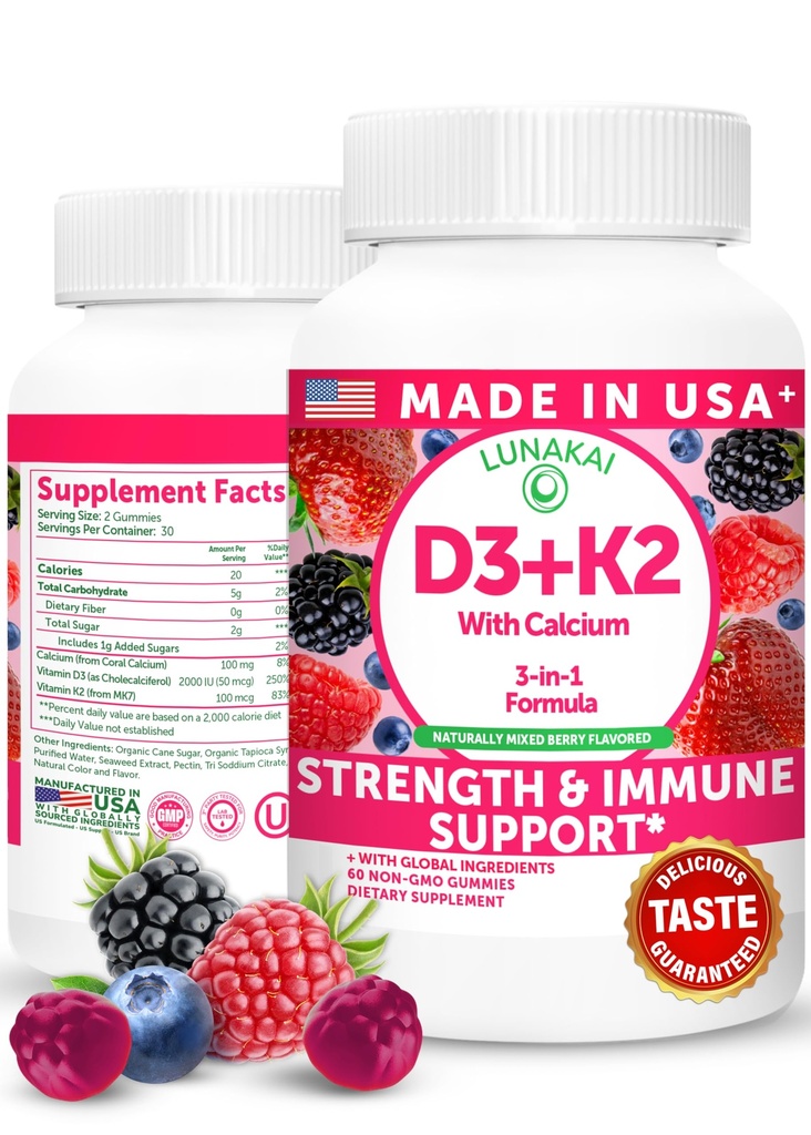 Lunakai USA Made Vitamin D3 K2 Gummies s vápníkem - 3-in-1 denní Vegan dodatek pro kostní a imunitní podporu žen, mužů a dětí, 60ct