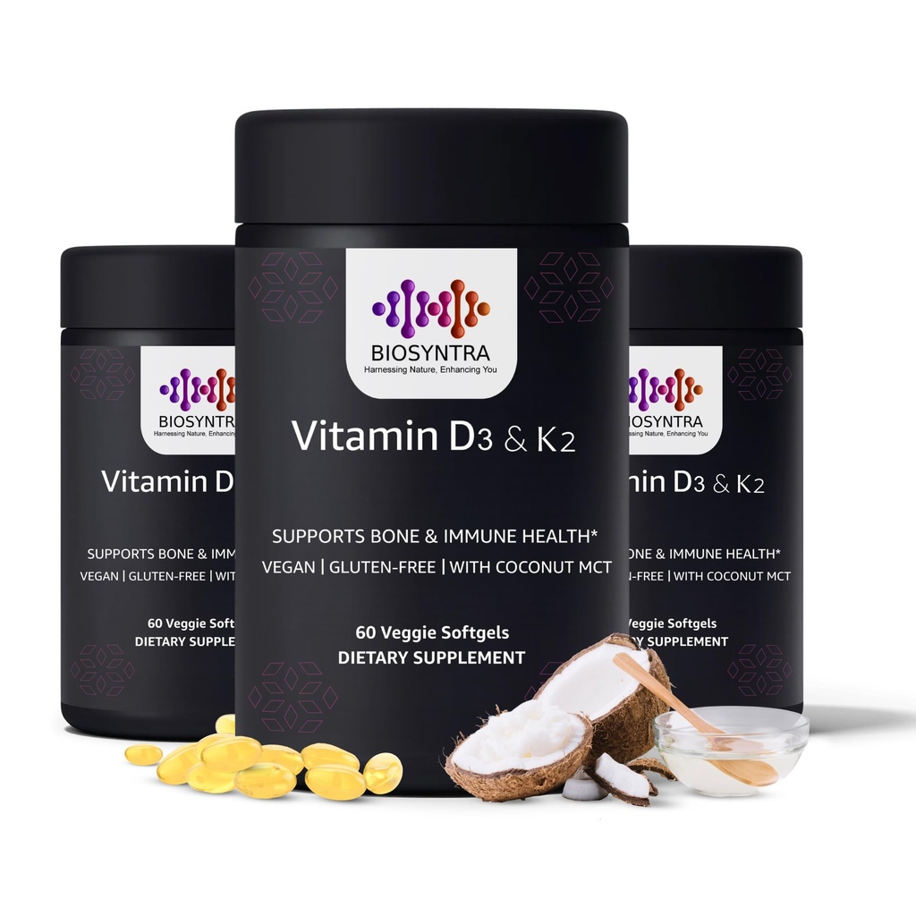 Vitamin D3 + K2 s kokosovým olejem - Vegan Vitamin D 5000 IU & MK7 Vitamin K 110mcg pro kosti, srdeční a imunitní podporu, Non- GMO, Testovaná třetí strana, Soy Free, High Absorption 60 Veggie Softgels
