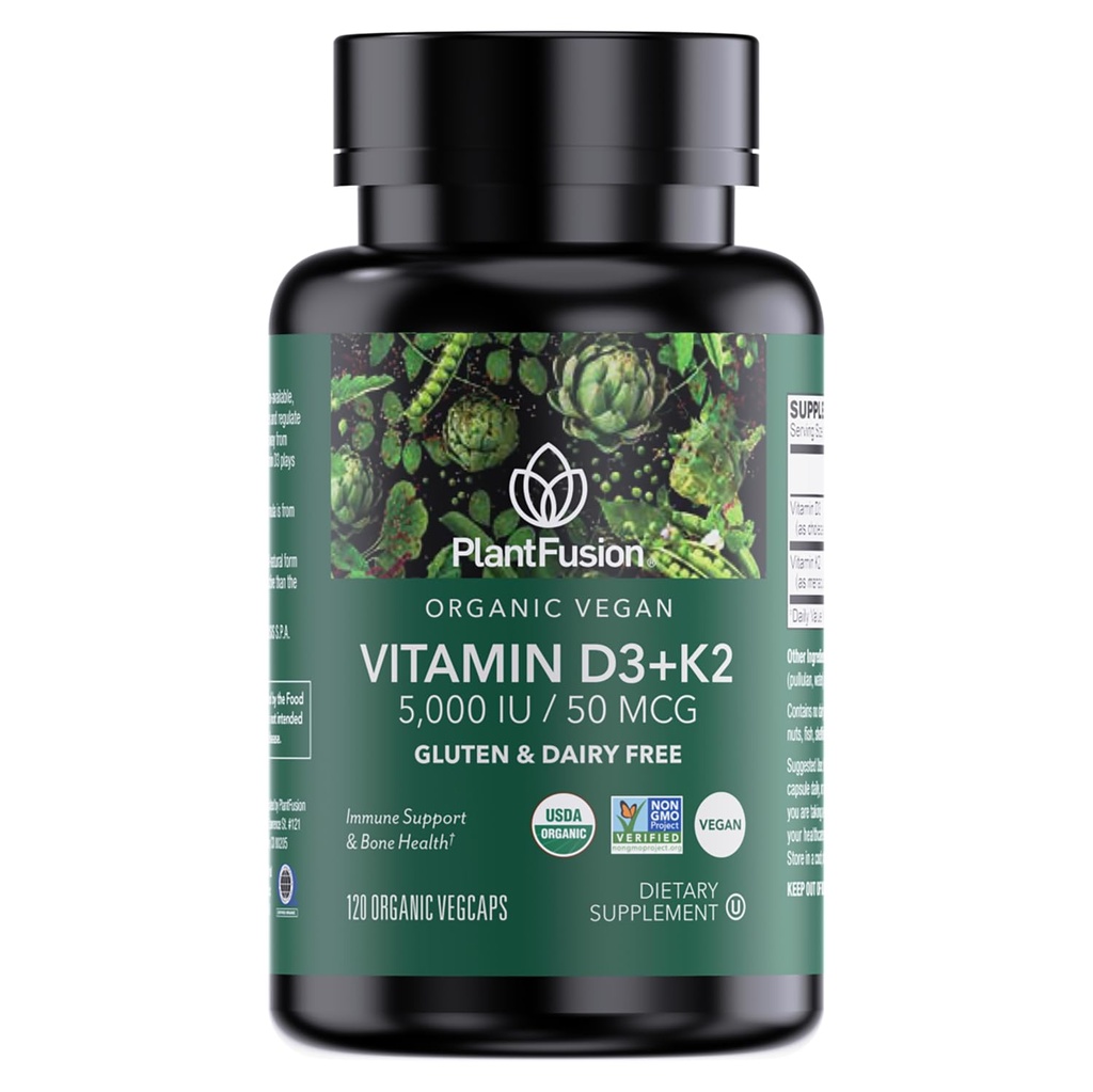 PlantFusion Organic Vegan Vitamin D3 + K2 5000 IU, 50MCG - Vitamin D Sourced from Plant Based Lichen and Vitamin K2, pro imunitní podporu a zdraví kostí - 120 Kapsle