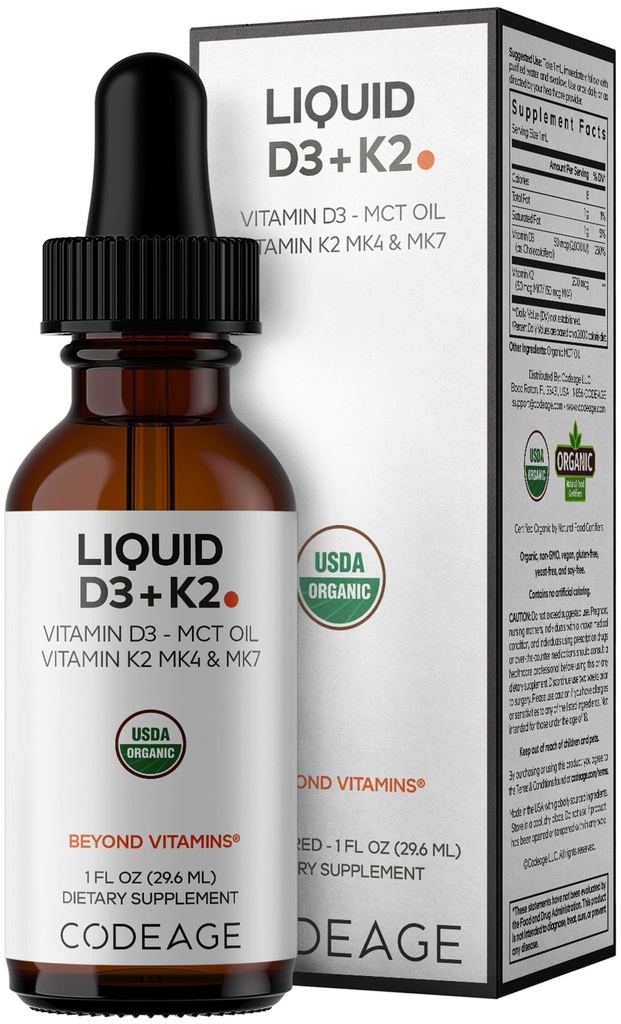 Liquid D3 + K2 Vitamíny USDA Organic - Vitamin D3 2000 IU, Vitamin K2 (MK4 & MK7) Liquid Kapky - Imunitní podpora - Neochucená - Organická MCT Olej - Non- GMO - 1 fl oz