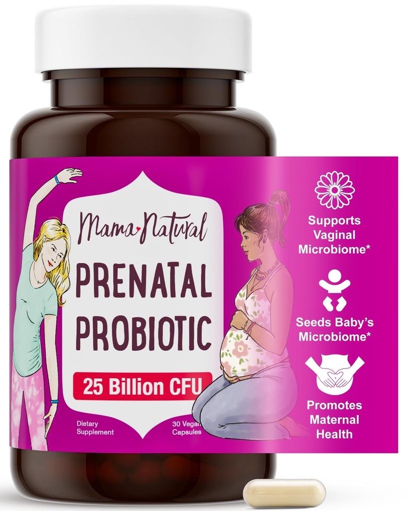 Mama Natural Prenatal Probiotika pro ženy - Gut & Imunitní podpora pro těhotenství, Kojení & Poporodní * CFU 124; 25 Miliarda CFU, 12 Probiotická a prebiotická míchání pro podporu matky a dítěte