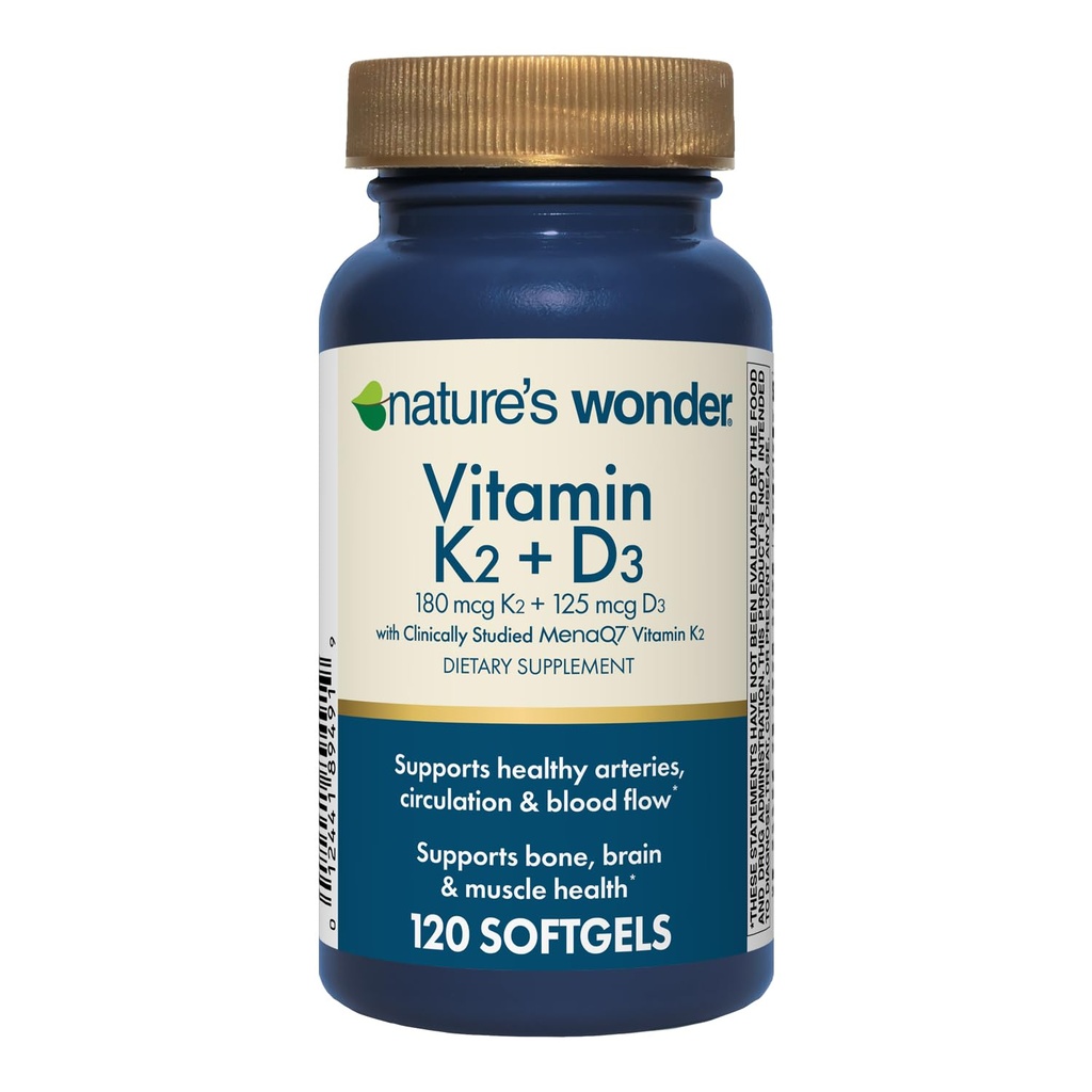 Přírodní zázračný vitamín K2 + D3 s menaQ7 pro kardiovaskulární, mozkové, kostní a svalové zdraví, 120 Softgels, 120 denní zásobování