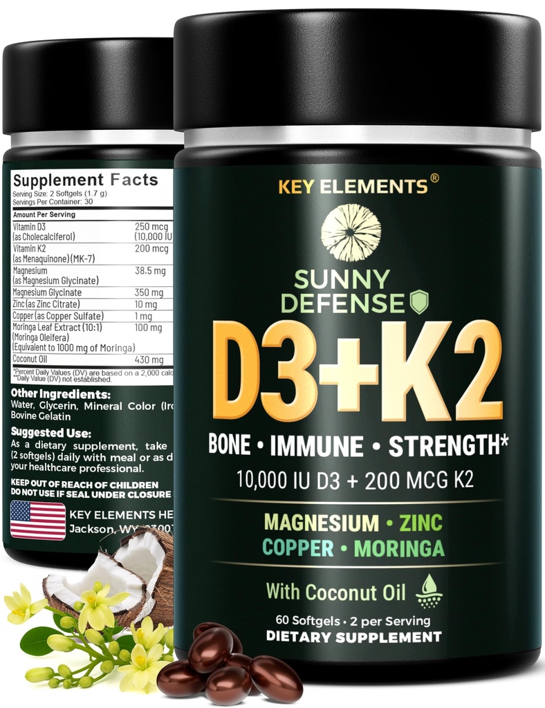 KLÍČOVÉ PRVKY D3 K2 Vitamin 10 000 IU s Glycinátem hořečnatým 350mg, zinkem a Moringou - Kostní a imunitní podpora - Vitamin D s K2 MK-7 200mcg - Non- GMO, Bezlepkové ponožky