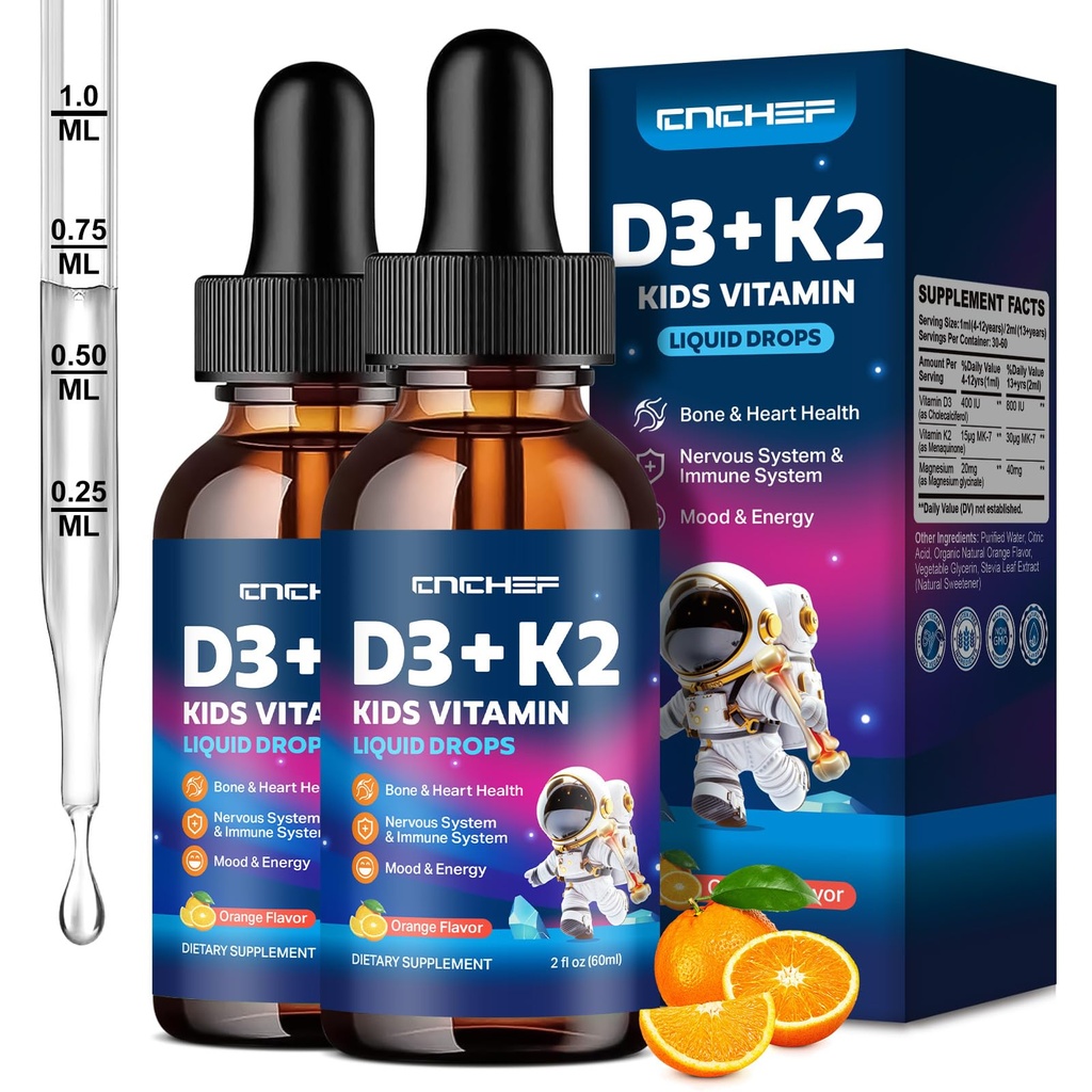 2PCS Vitamin D3 K2 Kapky pro děti - Tekutý dodatek s hořčíkem pro absorpci vápníku, společné zdraví, zuby & srdce - Non- GMO, Vegan, Orange, 4 Fl Oz - Děti věku 4 +