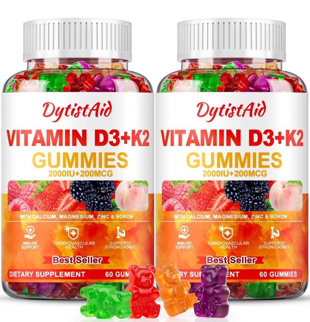 Vitamin D3 + K2 Gummies 2000 IU s vápníkem + K2 (MK-7), Citrát hořčíku, Vitamin C, Zinek & Boron - Kost, Srdce a imunitní podpora - Vegan, Non- GMO, Želatin- Free, Sugar- Free Dodatek, 120 Gummies