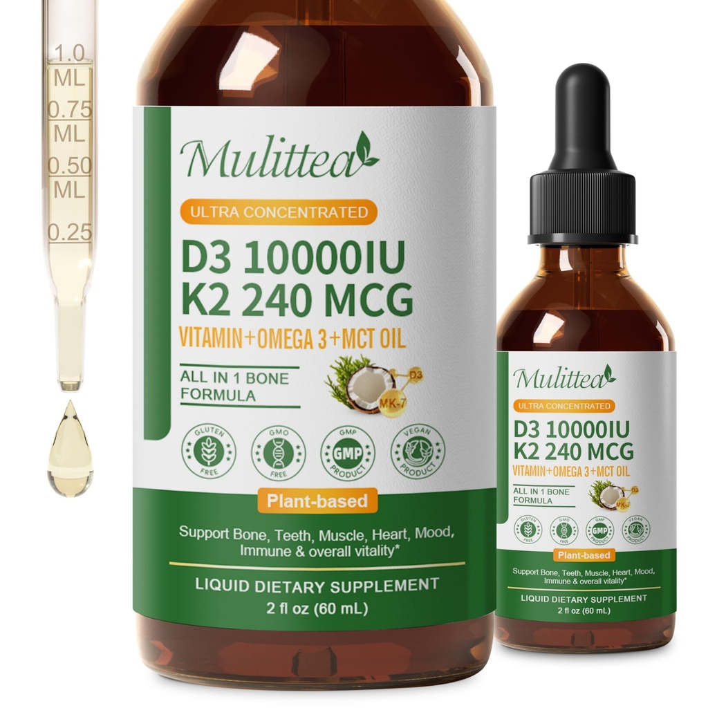 2 Pack Organic Vitamin D3 K2 Liquid 10000 IU w / Vegan Omega33 & Cococonut MCT Oil - Maximální síla vitamin D dodatek, No Fillers, Non- GMO K2 jako MK7 pro kosti, svaloviny a vysoké absorpce 2 Fl Oz
