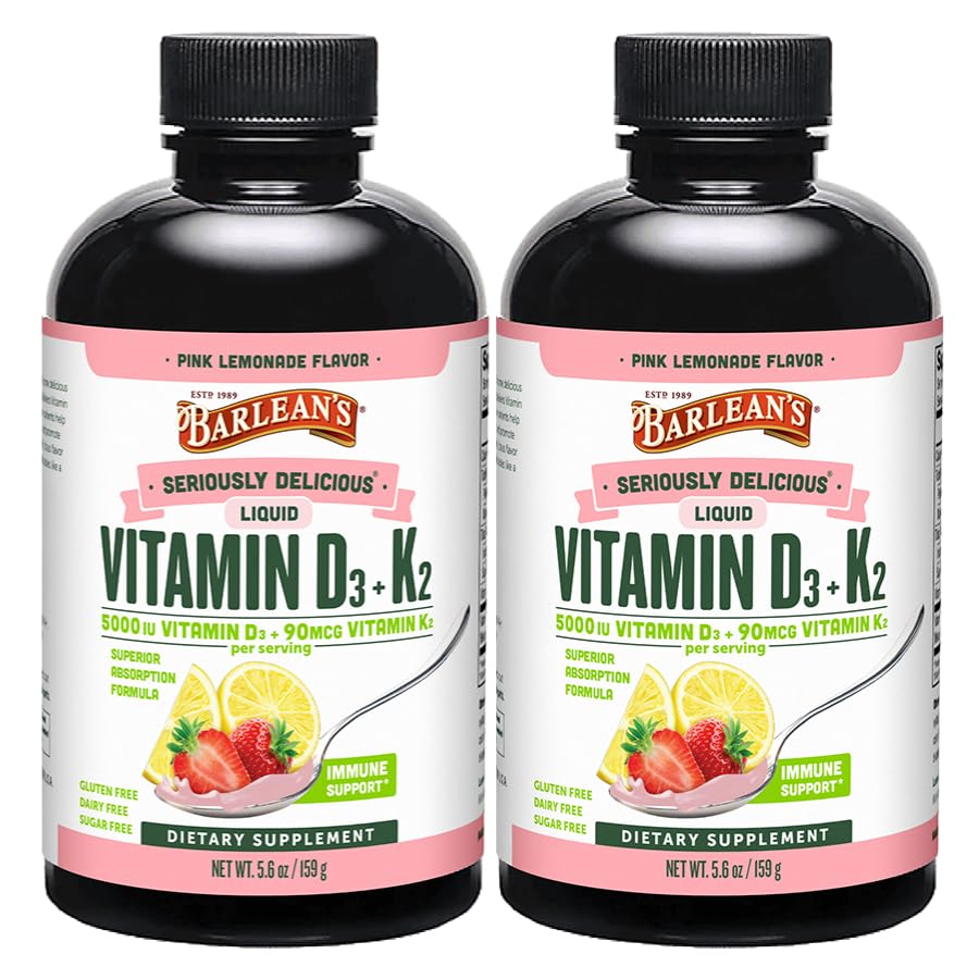 Barleanův balíček obsahující 2 vitaminy D3 + K2 Tekuté doplňky pro děti a dospělé, 5000 IU vitaminu D, růžové citronády, Non- GMO, gluten a mléčné výrobky zdarma, 5.6 oz