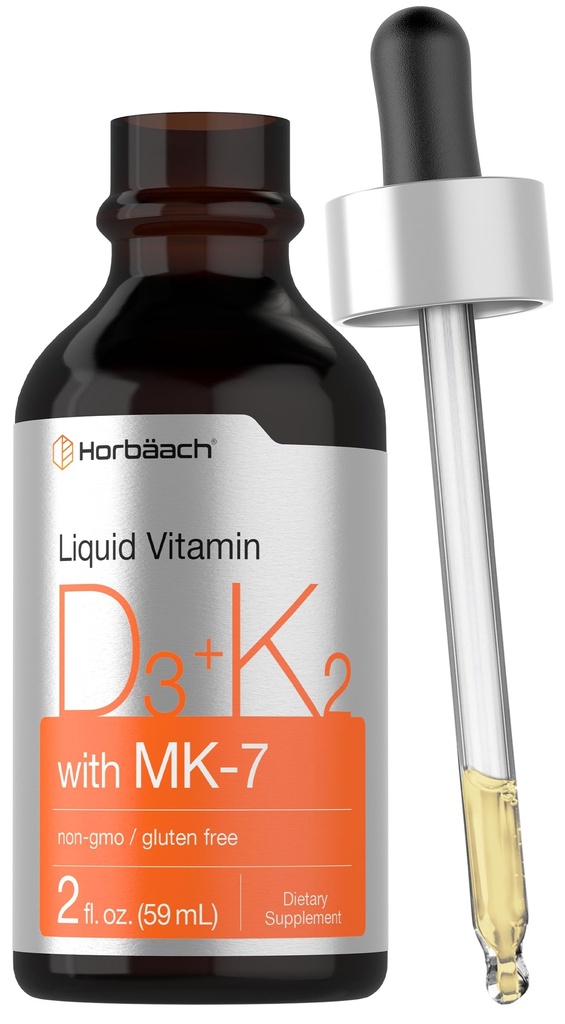 Horbäach Vitamin D3 K2 Liquid Kapky 124; s MK7 CLANE124; 2 Fl Oz CLANE124; Vegetarian, Non- GMO, gluten zdarma dodatek