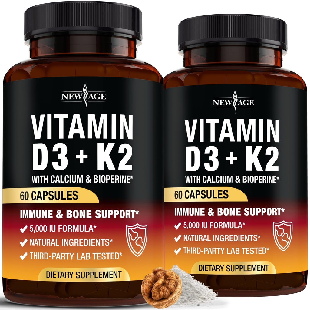 Nový věk Vitamin D3 5 000 IU + K2 MK- 7 100 mcg - 2in-1 Kost, Imunitní a srdeční podpora, Snadné spolknutí, Non- GMO - 120 Kapsle