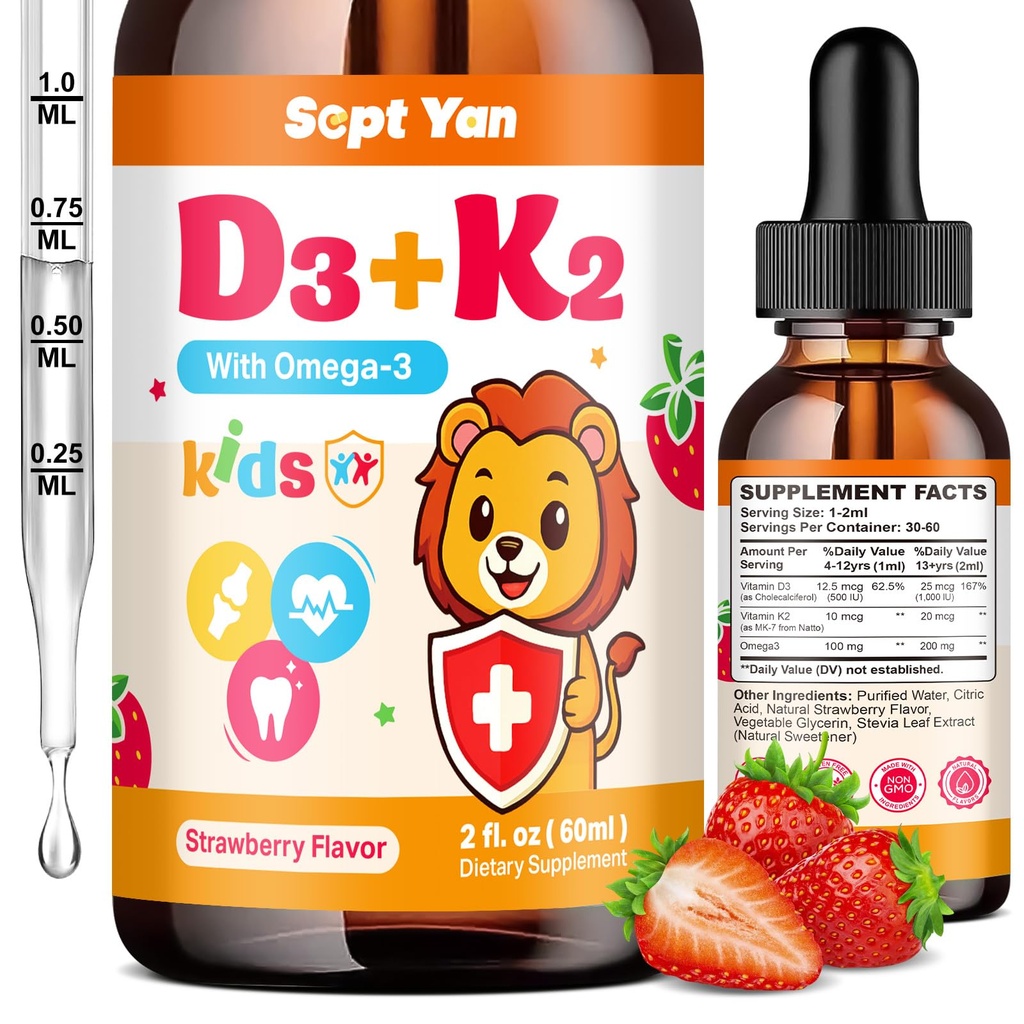 Děti Vitamin D3 K2 Kapky - K2 D3 Vitamin dodatek 1000 IU s Omega 3, Support Bone, Mood, Zuby & Imunní - Vitamin D3 K2 (MK-7) Tekuté Kapky pro dospělé a děti, Sugar Free Jahodový Flavor 2 FL OZ