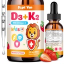 Děti Vitamin D3 K2 Kapky - K2 D3 Vitamin dodatek 1000 IU s Omega 3, Support Bone, Mood, Zuby & Imunní - Vitamin D3 K2 (MK-7) Tekuté Kapky pro dospělé a děti, Sugar Free Jahodový Flavor 2 FL OZ