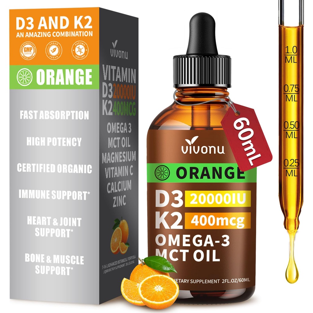 Vitamin D3 K2 Kapky, D3 20000 IU & K2 jako MK-7 400mcg s hořčík, vápník, zinek & Omega 3 pro imunitní *, Mood *, Bone * Zdraví, Orange Flavor Vitamin D Tekuté Kapky Dodatek 1 Láhev / 2 Ounces
