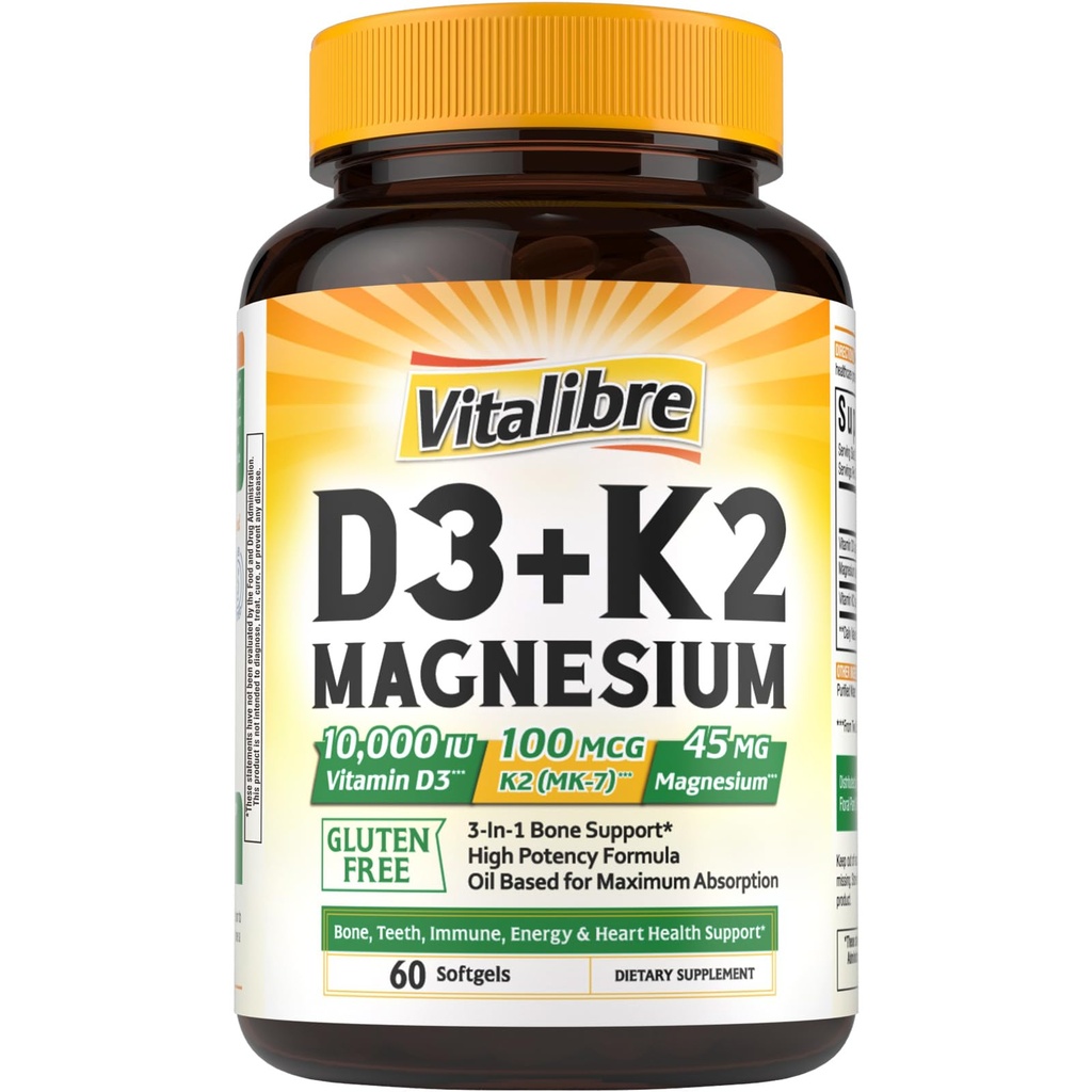 Vitalibr Vitamin D3 K2 + doplněk hořčíku, 10000 IU Vitamin D3 & 100 mcg K2, s Glycinátem hořčíku, kosti, zuby, Imunitní a energetická podpora, vysoká absorpce, Non- GMO, Snadno polykat, 60 Softgels