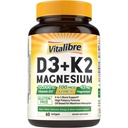 Vitalibr Vitamin D3 K2 + doplněk hořčíku, 10000 IU Vitamin D3 & 100 mcg K2, s Glycinátem hořčíku, kosti, zuby, Imunitní a energetická podpora, vysoká absorpce, Non- GMO, Snadno polykat, 60 Softgels