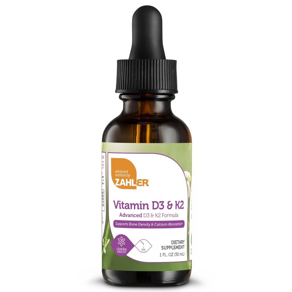 Zahler Vitamin D3 K2 Kapky, tekutý D3 s K2, 1000IU vitaminu D a 1000mcg K2 na Serving, Podporuje kostní hustotu a vápník Absoprtion, 1Fl Oz.