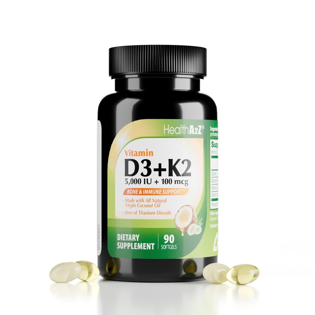 HealthA2Z ® Vitamin D3 (5 000 IU) + K2 (MK-7) Vyrobený z panenského kokosového oleje (přírodní MCTs) - 90 Softgels (balení po 1) - Pomáhá absorpci vápníku pro kosti, zuby, mood & imunitní zdraví