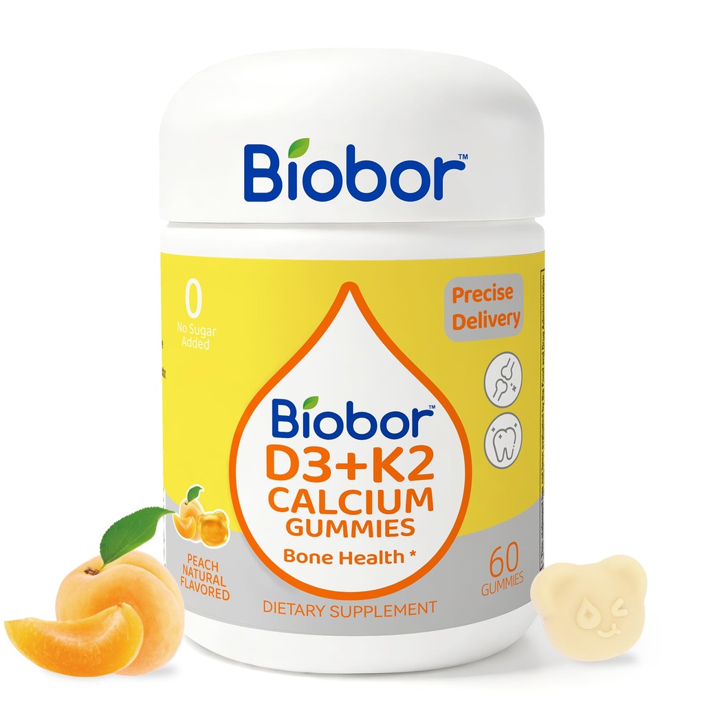 Biobor Vitamin D3 K2 Gummie s vápníkem, 2000 IU D3 & 200 mcg K2 (MK-7) a 200 mg vápníku, bez přidaného cukru, podporuje zdravé kosti a imunitní zdraví, gluten zdarma, GMO zdarma, žluté broskve, 60 Počet