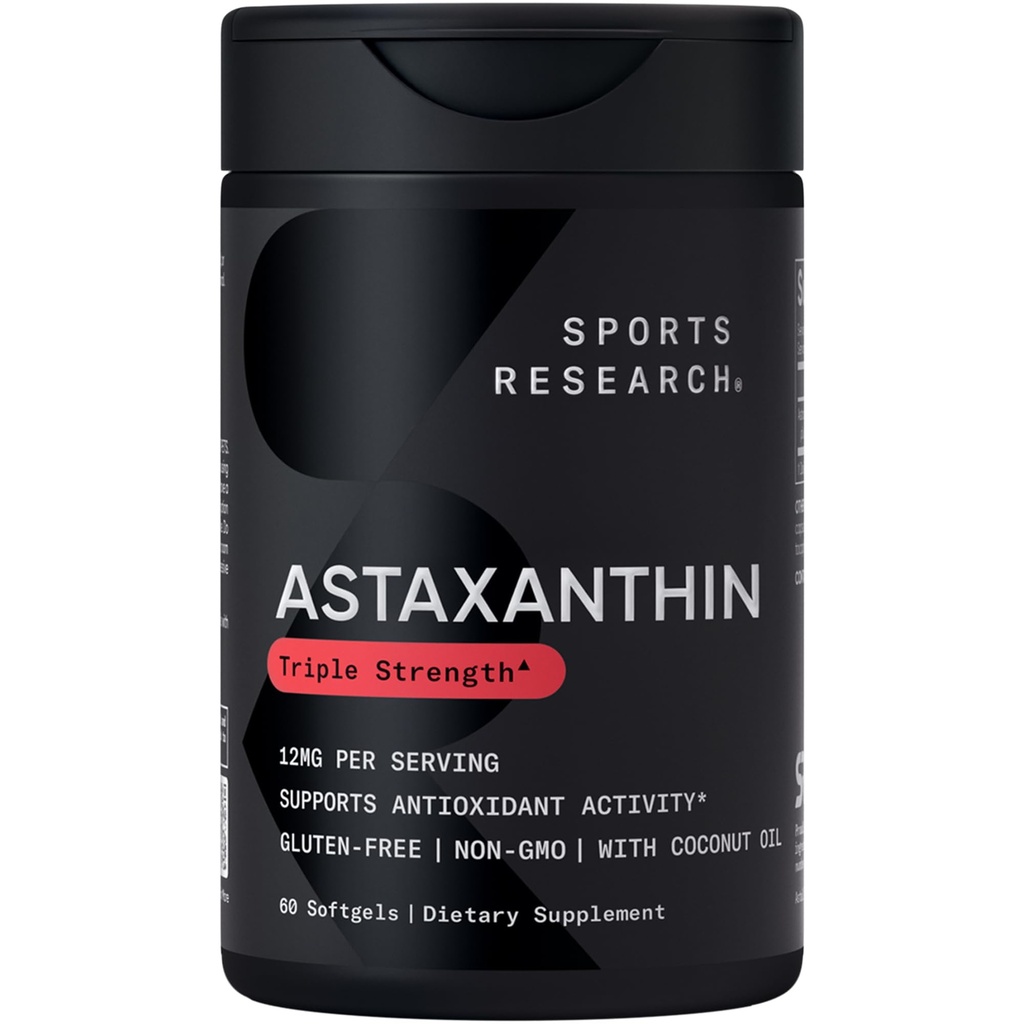 Sports Research ® Triple Strength Astaxanthin 12mg w / Organic Coconut Oil - Antioxidant Supplementary for Skin & Eye Health Support * - Soy Free · Non- GMO · Gluten Free - 60 Softgels