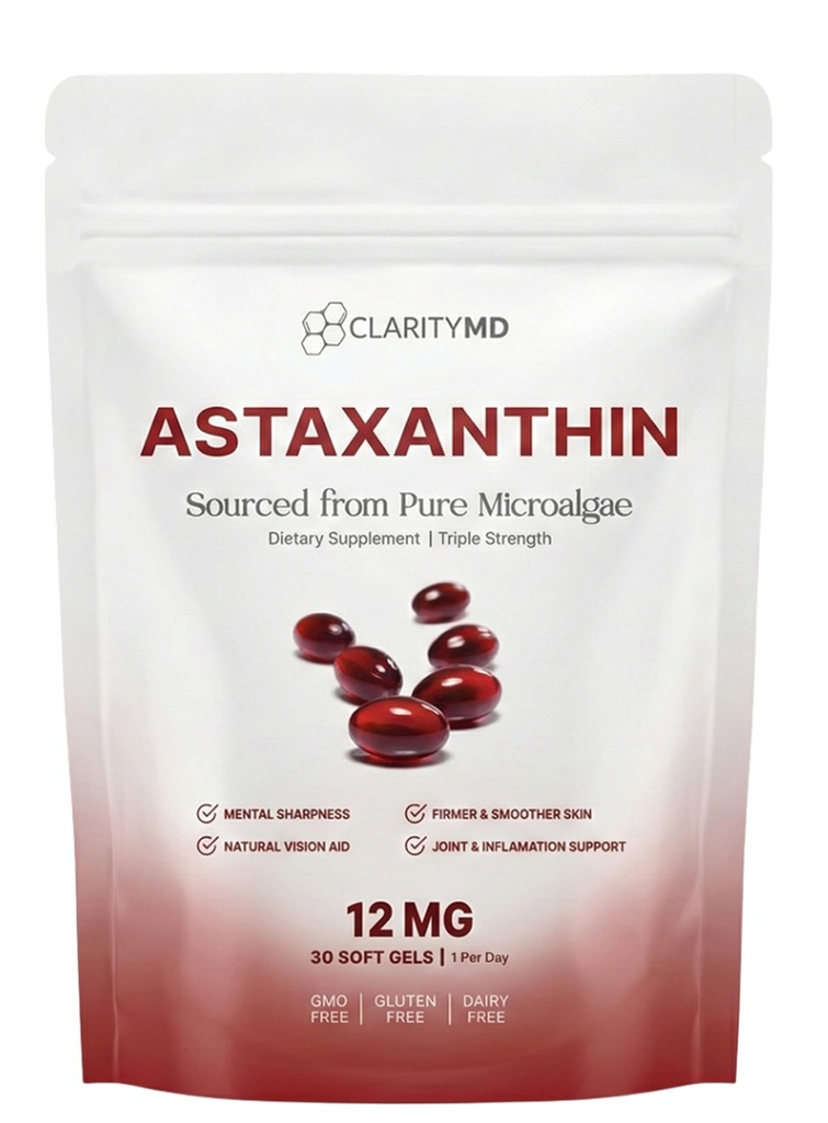 Astaxanthin 12mg Antioxidanty Doplněk - Přírodní zdroj mikrořas - Lipid- Based Softgel for Enhanced Absorption - Kognitivní, Vision & Joint Support - 30 Softgels (Balení po 1)