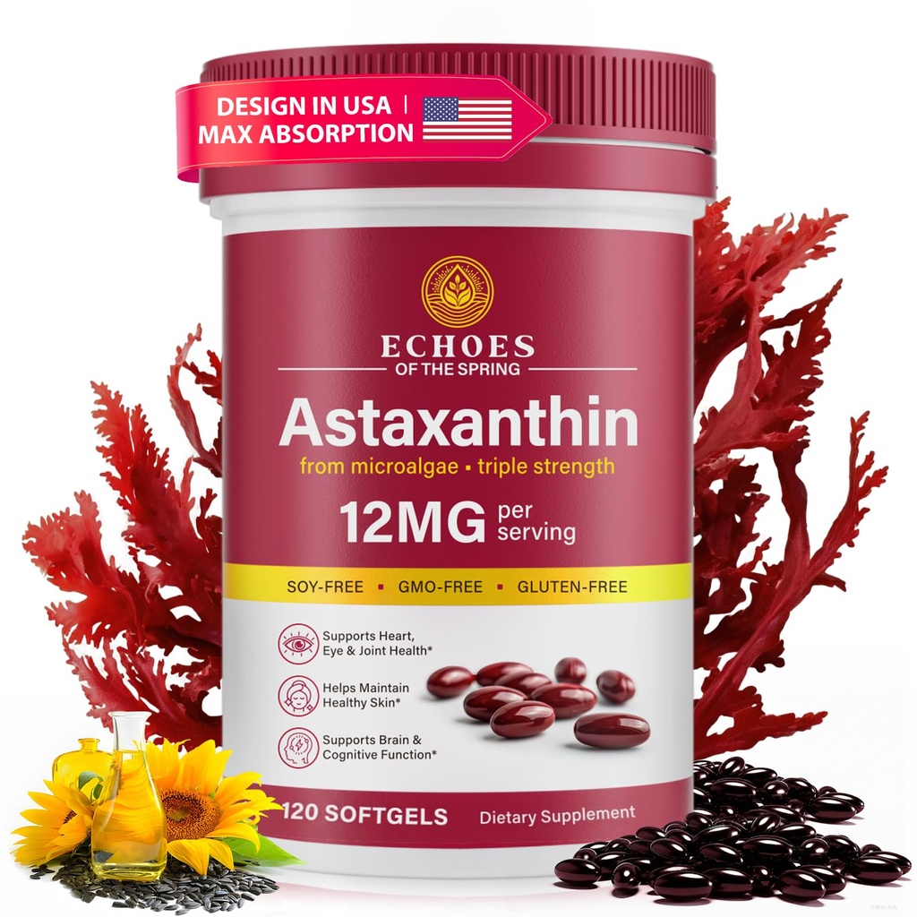 Astaxanthin 12mg - Přírodní Astaxanthin z Haematococcus Pluvialis, Triple Strength Antioxidant Supplemente for Eye, Skin, Joint & Imunitation Support (120 Počet balení po 1)
