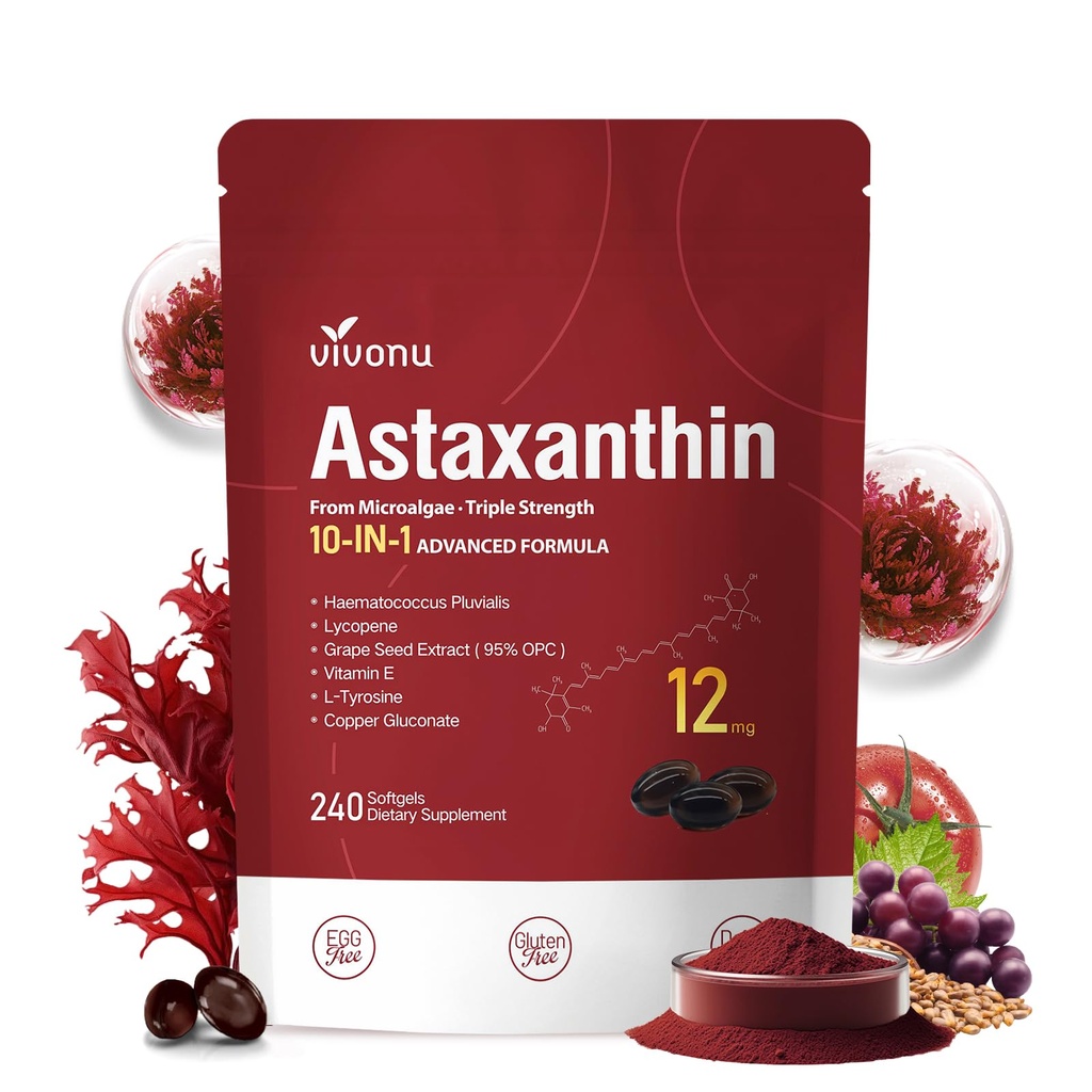 10 v 1 Astaxanthin 12mg Doplňky, 4 Měsíční dodávky, Astaxantina Antioxidant z Fresh Haematococcus Pluvialis, Obsahuje Lycopen, Grape Seed, Vitamin E, & Více Podporuje Eye, Spoje, zdraví kůže