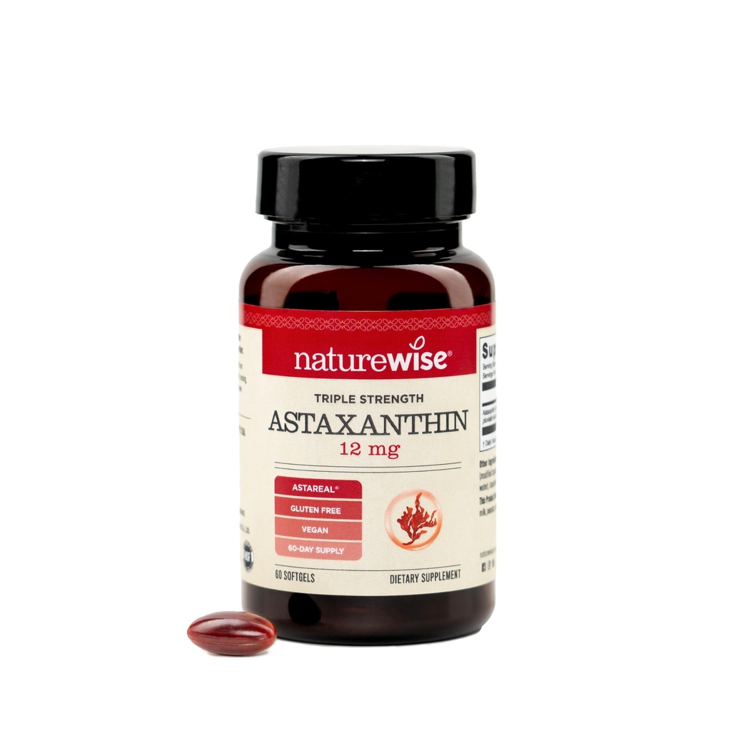 NatureWise Triple Strength Astaxanthin 12 mg s AstaReal ® - Vegan Antioxidant dodatek s organickým kokosovým olejem - NSF Certified Gluten Free, Non- GMO - 60 Softgels [60 Day Supply]