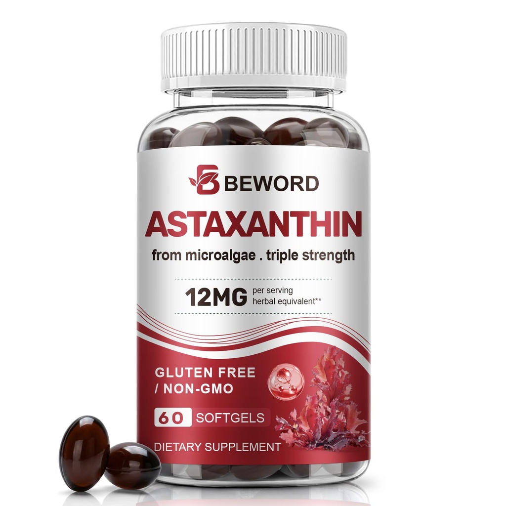 BEWORD Astaxanthin 12mg s MCT olejem, 60 / 120 Softgels 2-Month Supply CLAS124; Premium Antioxidant Supplementary CLAS124; Přírodní mikrořasy, Triple Streng124; Podporuje kůži a oční zdraví CLAS124; Non-GMO, gluten & Soy- Free