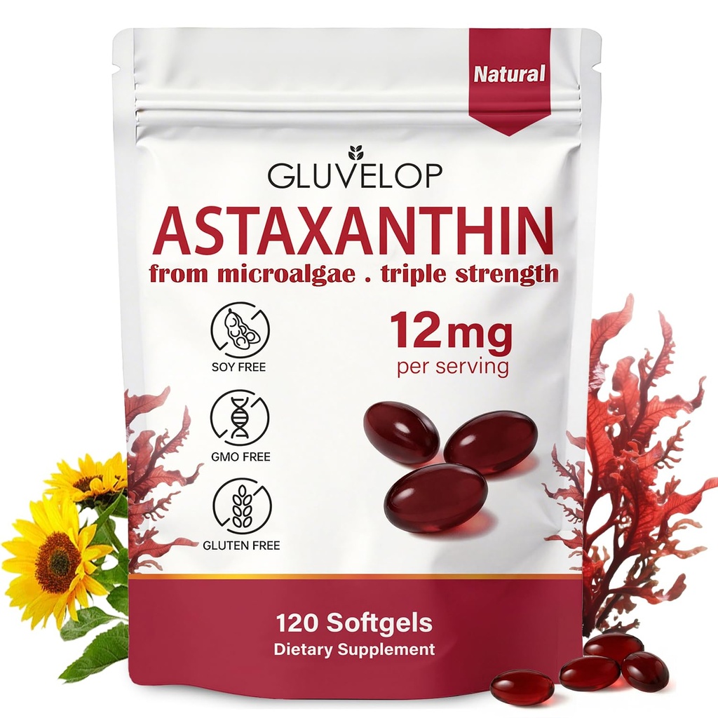 Astaxanthin 12mg, Premium Astaxanthin Antioxidant doplňky, Podporuje oko, kůže, imunitní, vnitřní oběh, čerstvé mikrořasy zdroj, Triple Strength, Non- GMO, 4 Měsíční dodávky, 120 Softgels