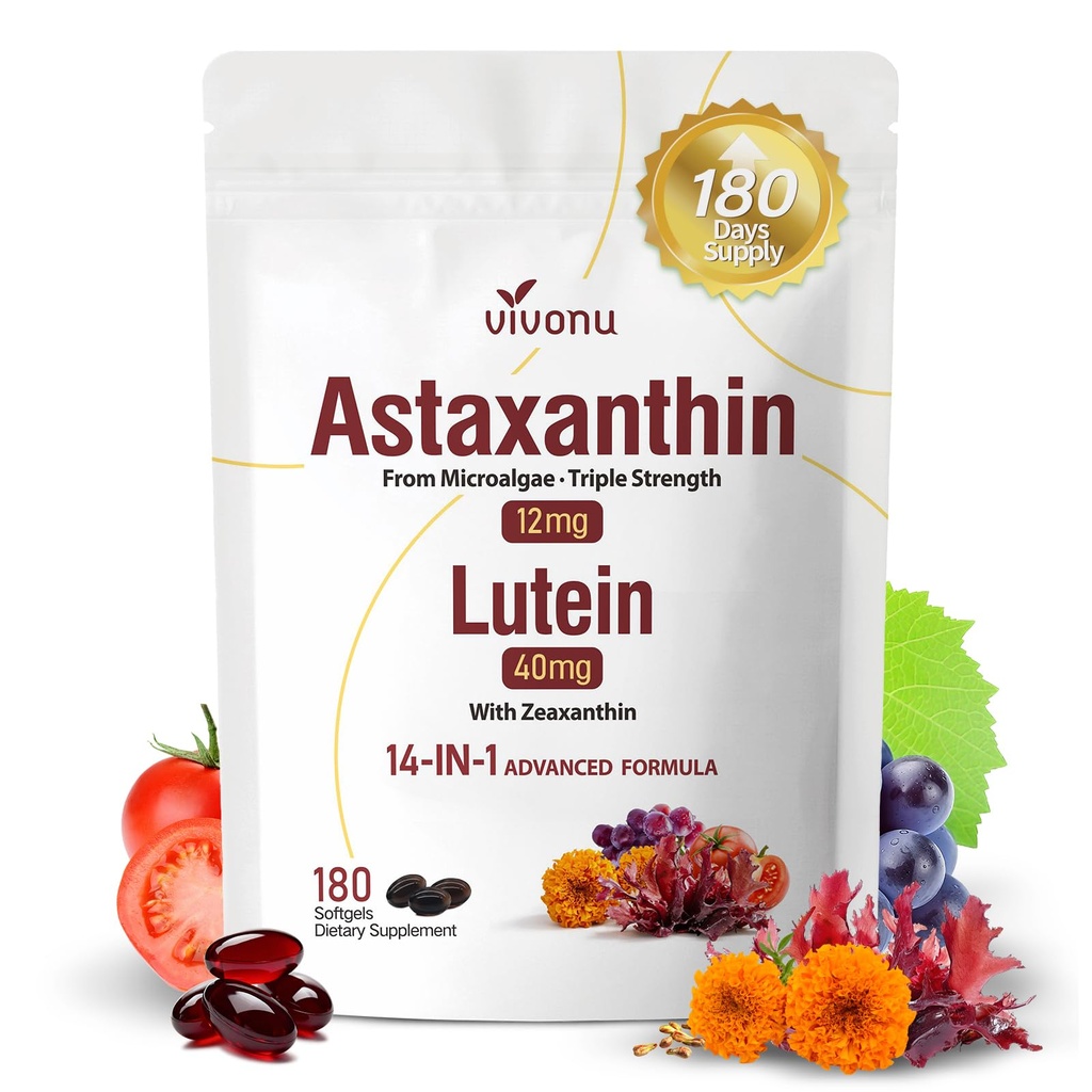14-in-1 Astaxanthin 12mg & Lutein 40 mg s Zeaxanthin doplňky, 6 Měsíční dodávky, Čerstvé Microalgae zdroje, podporuje oko, kůže, antioxidant, kloubní, oběhové zdraví Non- GMO gluten zdarma 180 Softgels