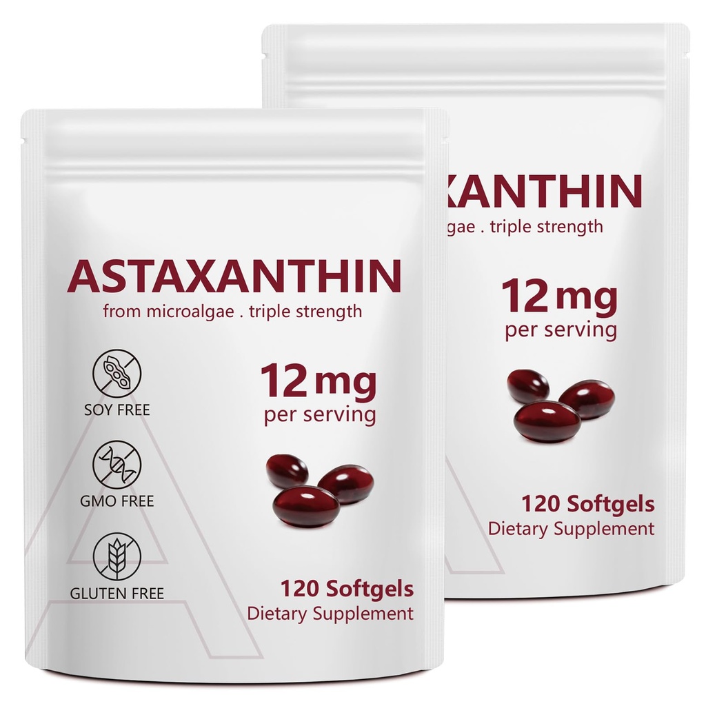 2 balení Astaxanthin 12mg, Premium Astaxanthin Antioxidant doplňky s antioxidační aktivitou, podporuje oko, imunitní, zdraví pokožky, vnitřní cirkulace