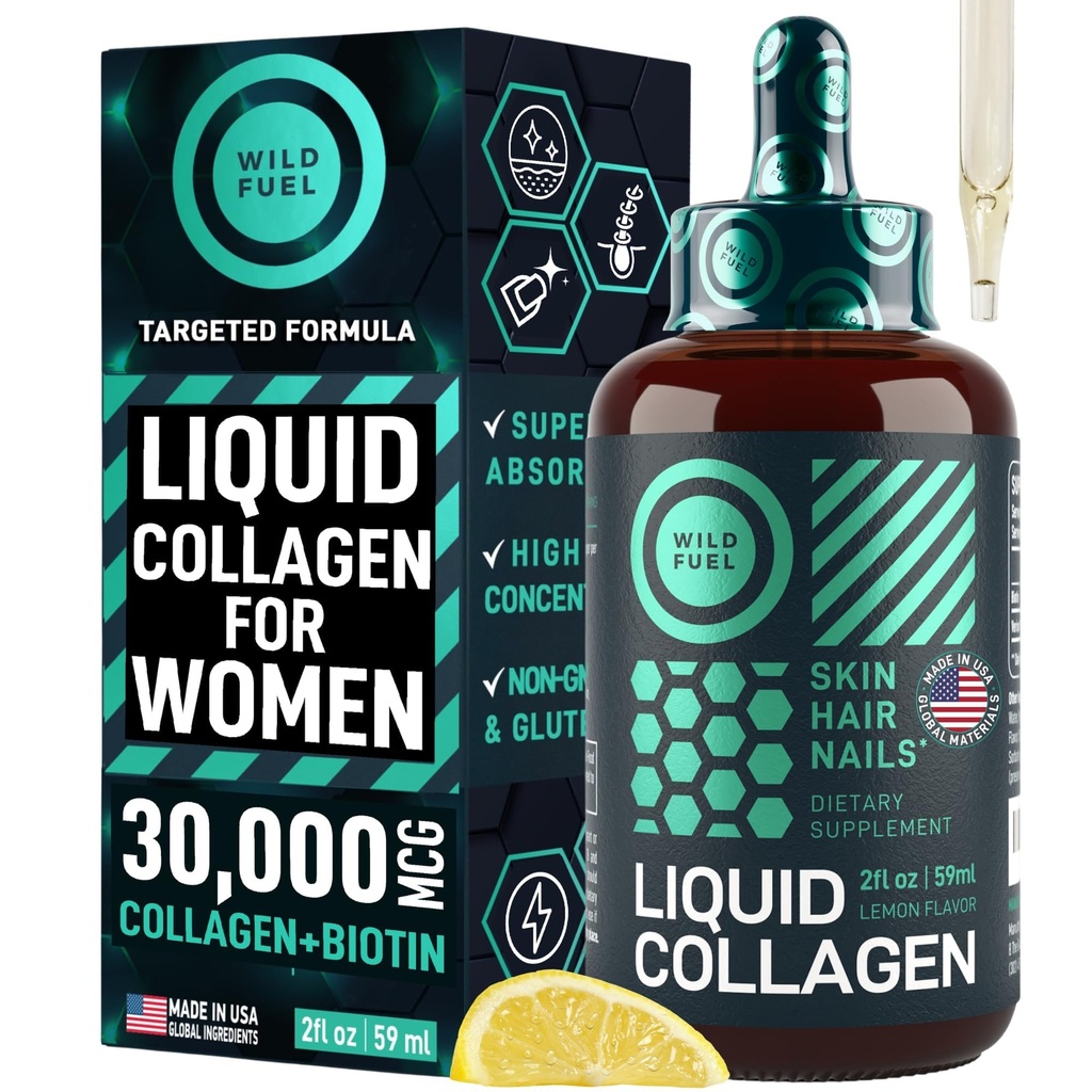 WILD FUEL Liquid Collagen Peptides with Biotin Vitamins for Hair Skin and Nails - 30,000mcg Liquid Collagen for Women and men Plus Biotin - Lemon Flavor, up to 2-Month - 2 oz