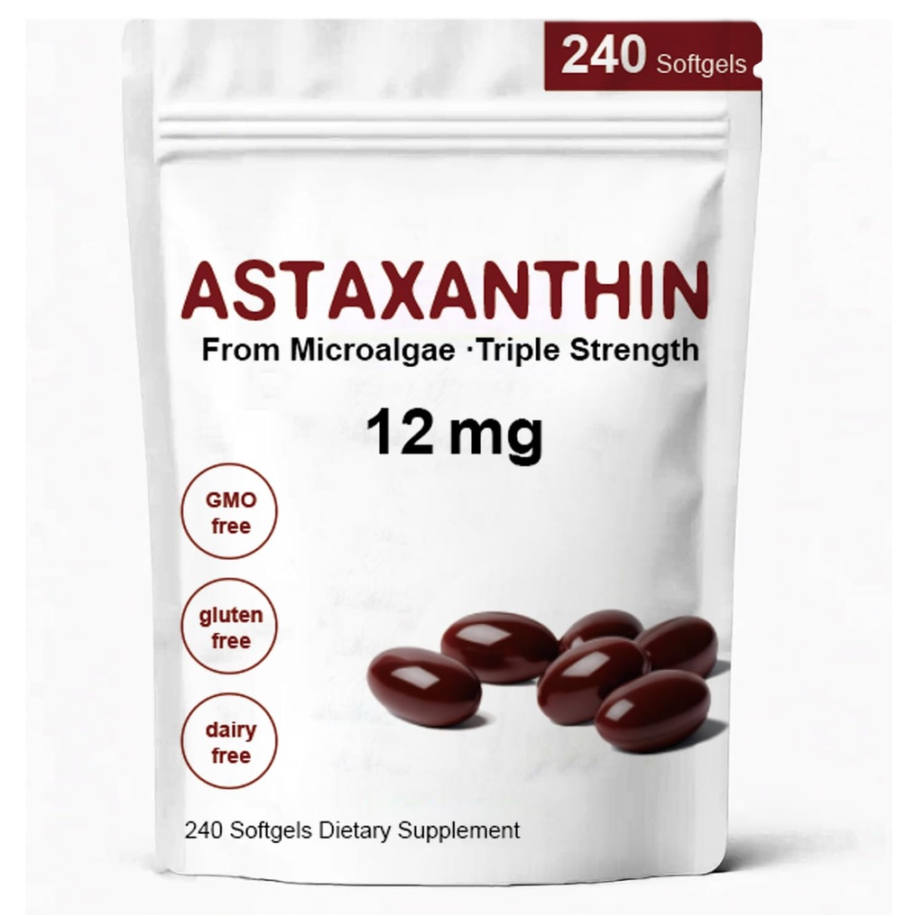 Astaxanthin 12 mg, Premium Astaxanthin Antioxidant Doplňky s antioxidační aktivitou, Podporuje oko, imunitní, zdraví pokožky, vnitřní oběh - 240 Softgels
