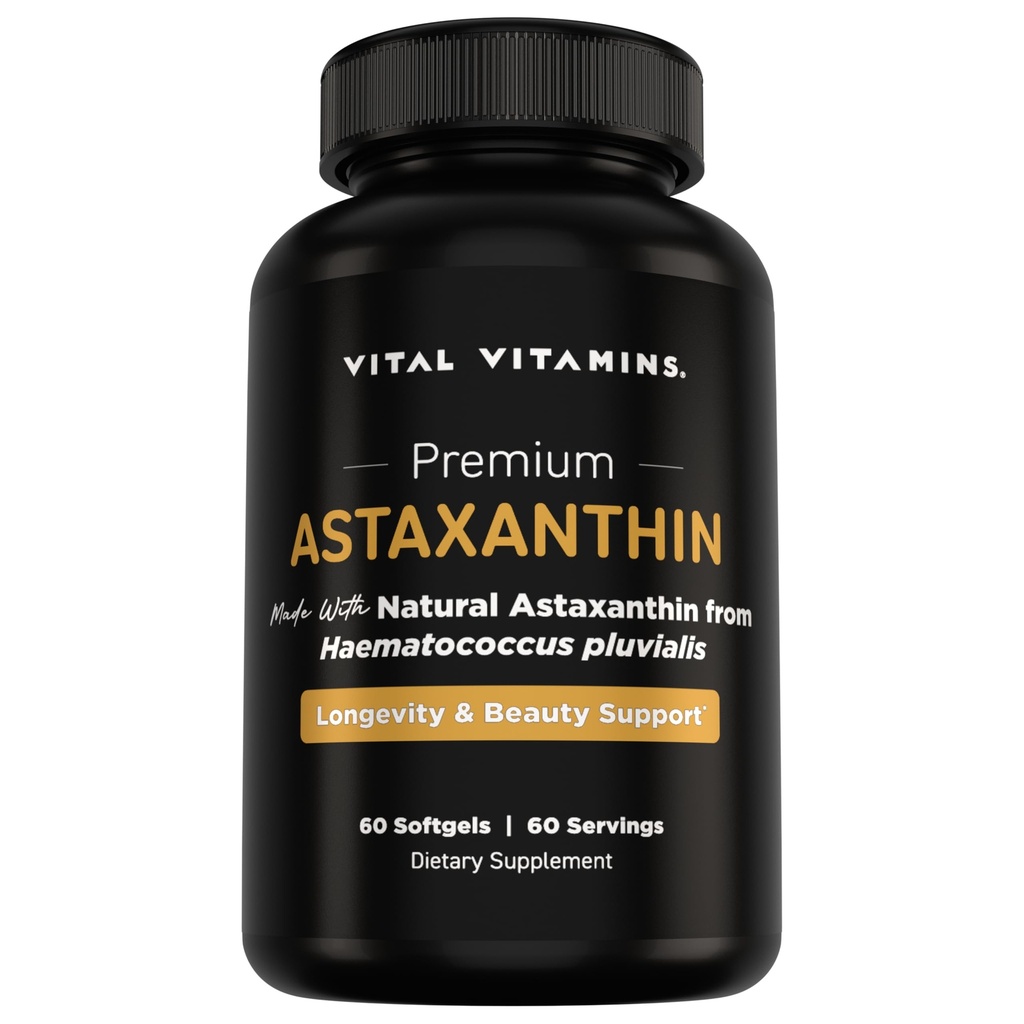 Vital Vitamins Astaxanthin 12mg Softgels - Made with Natural Astaxanthin - Doplněk k podpoře hydratace pokožky, elasticita - Obhajuje buňky proti dennímu poškození - Vegan, Made in the USA - 60 Soft Gels